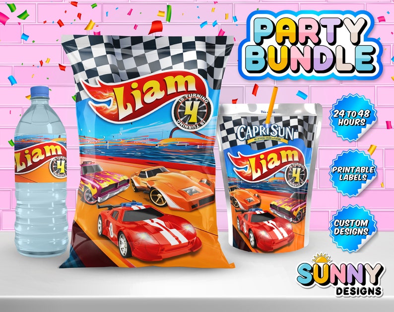 Race Cars Birthday Party Bundle Chip Bag Juice Bag Labels Water Bottle Labels Printable labels Personalized image 1