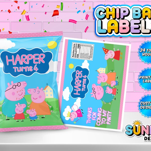 Peppa Pig Chip Bag Labels - Peppa Pig Party Treats - Peppa Pig Party Favors - Chip Bags - Afdrukbare labels - Gepersonaliseerd