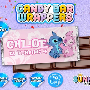 EDITABLE Stitch And Angel Candy Bar Wrapper - Stitch Party Treats - Stitch Party Favors - 1.5 oz Chocolate - Printable Labels