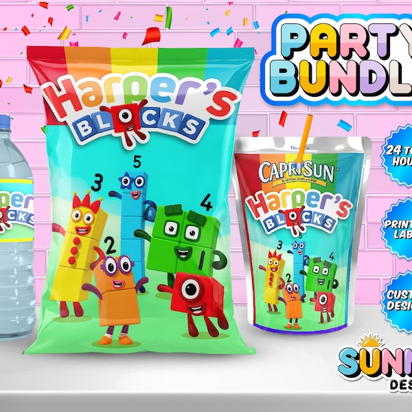 Numberblocks Birthday Party Bundle - Chip Bag - Juice Bag labels - Water Bottle Labels - Printable labels - Personalized