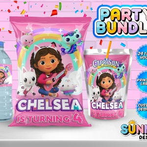 Gabby's Dollhouse Birthday Party Bundle - Gabby's Dollhouse Party Treats - Chip Bag - Juice Bag labels - Water Bottle Labels