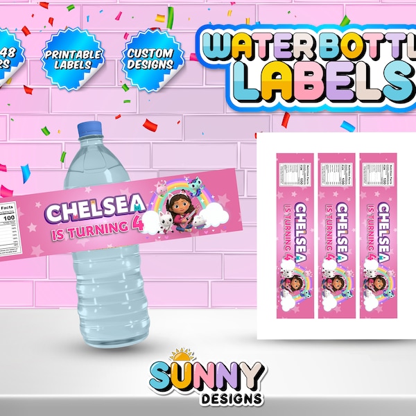 Gabby's Dollhouse Labels - Gabby's Dollhouse Party Treats - Party Favors - Water Label - Printable labels - Personalized