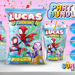 Spidey Birthday Party Bundle - Spidey Party Treats - Chip Bag - Juice Bag labels - Water Bottle Labels - Printable labels - Personalized -