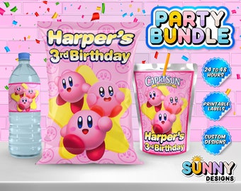 Kirby Birthday Party Bundle - Kirby Party Treats - Chip Bag - Juice Bag labels - Water Bottle Labels - Printable labels - Personalized