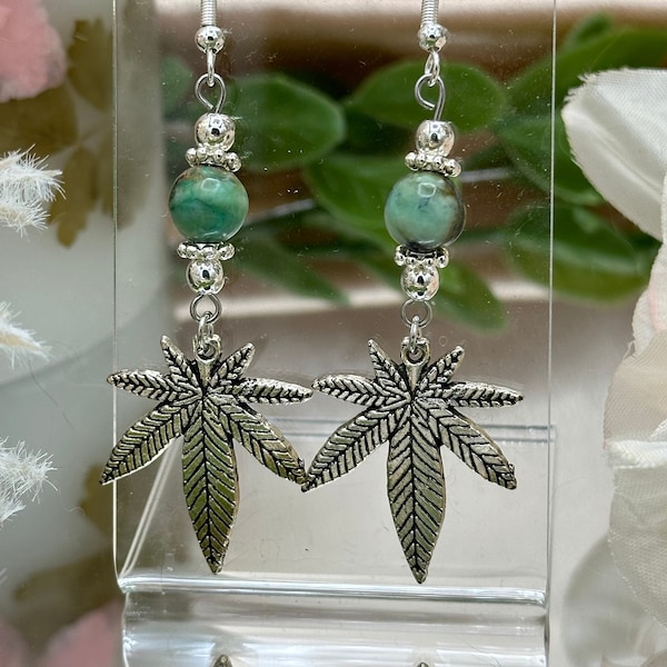 Marijuana Leaf Earrings and Bracelet | Natural Healing Gemstones | Genuine Gemstone Beads | Real Silver French-Hooks
