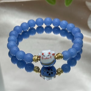 Lucky Cat Bracelets | Japanese Maneki Neko Lucky Cat Beaded Bracelets | 8mm Gemstone Beads | Color and Length Size Options