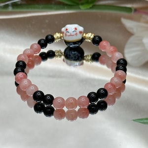 Lucky Cat Bracelets | Japanese Maneki Neko Lucky Cat Beaded Bracelets | 10mm 8mm 6mm Gemstone Beads | Color and Length Size Options