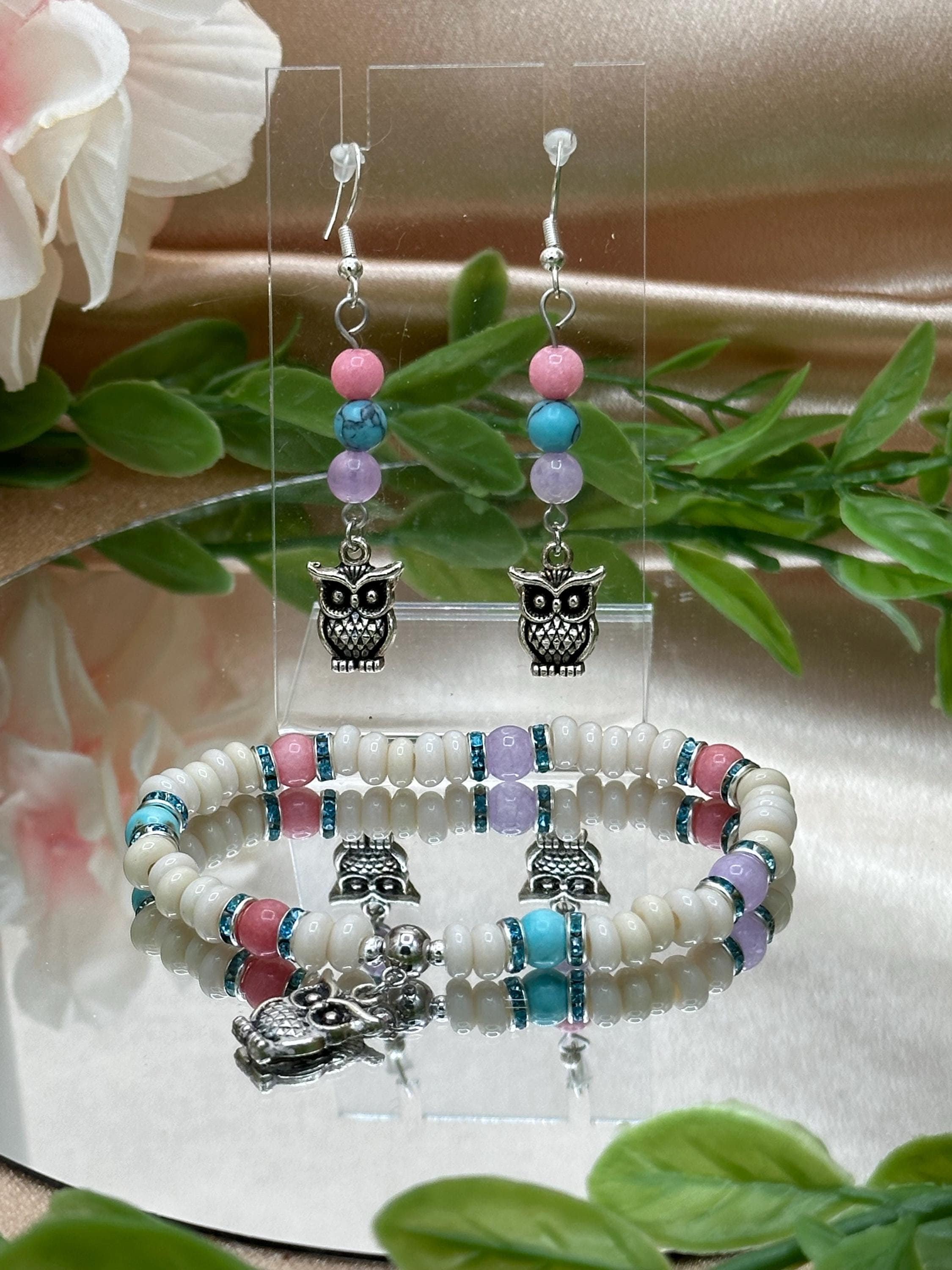 Owl Earrings & Bracelet Set | Turquoise and Coral Quartz Gemstone Beads | Sterling Silver French