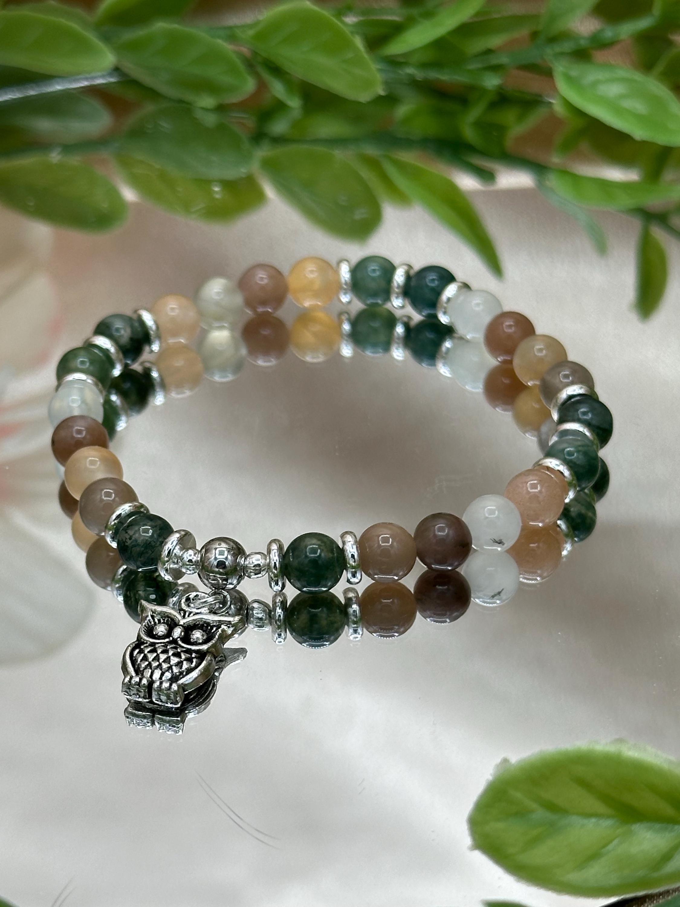 Bracelets | Owl Charm Bracelets | 8mm 6mm Gemstone Beads | Natural Healing Handmade Bracelets | Colo