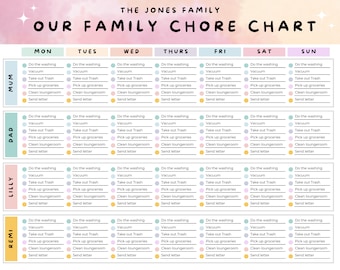 Colorful Family Chore Chart, Editable Chore Chart, Family Planner Printable, Weekly Family Schedule, Family Calendar,Canva template,