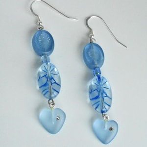 Blue Czech Glass Dangle Earrings, Beautiful Blue Czech Beads Drop Earring