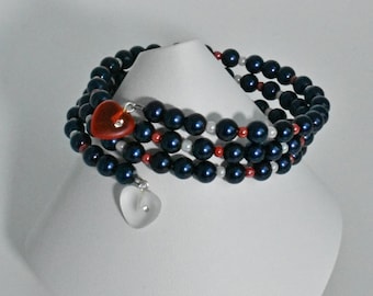 Blue Czech Crystal Pearl Memory Wire Bracelet: Patriotic Heart Charm