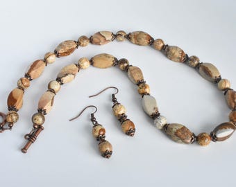 Quartz & Jasper Necklace and Earring Set: Copper Plate