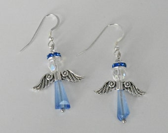 Blue Glass Angel Earrings: Sterling Silver Dangle Earrings