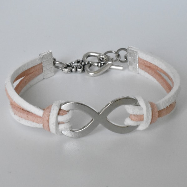 Faux Suede Lace White and Rose With Silver Plate Infinity Connector Cord Clasp Bracelet