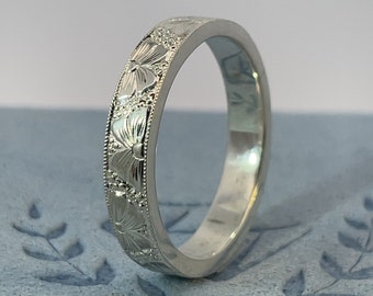 Hand engraved wedding band. 14K or 18K solid Gold