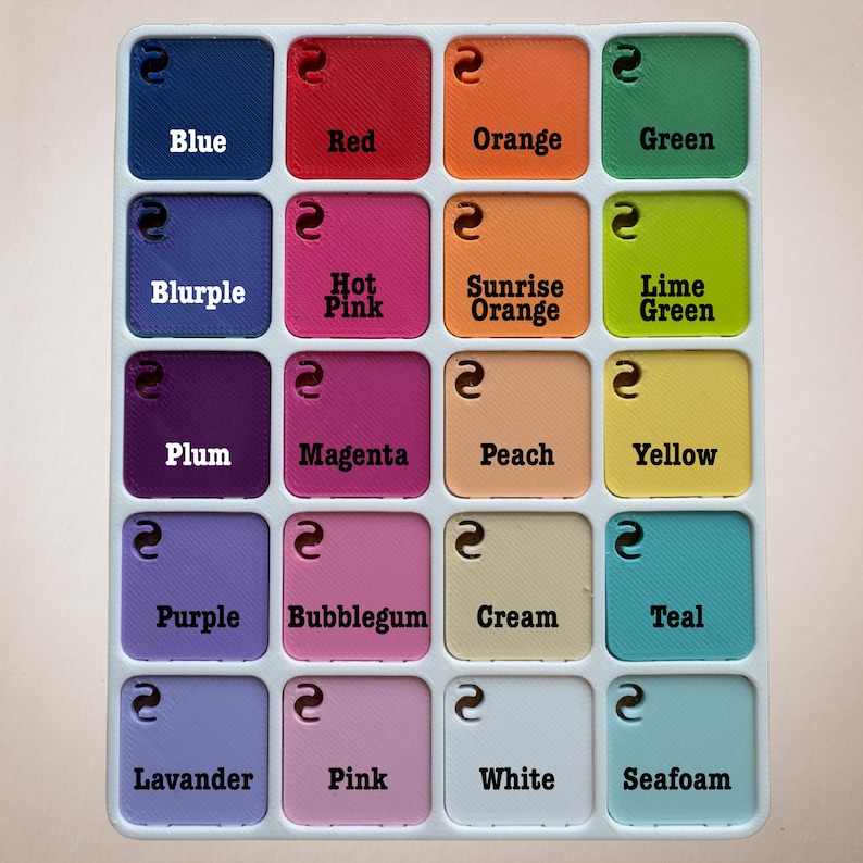 Op de afbeelding: Een kleurenpalet met 16 vierkante kleurstalen in een raster, elk gelabeld met een andere kleurnaam. Kleuren zijn onder meer blauw, rood, oranje, groen, paars, roze en meer. De stalen zijn gerangschikt in een witte tray.