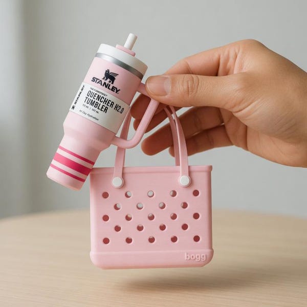 Accessoire mini-boggtas, draagtas poppenformaat, hardplastic minitas, tashanger, tasdecor