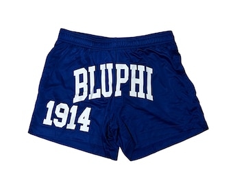 May include: Navy blue athletic shorts with white text that reads "BLUPHI 1914".