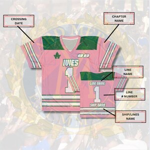 May include: Pink jersey with green and white detailing. Displays the word "IVIES" and the number "1" in white. Includes text for "LINE NAME", "LINE # NUMBER", and "SHIP/LINES NAME".