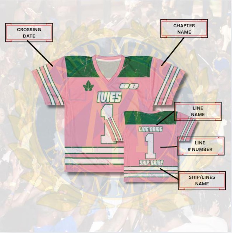 May include: Pink jersey with green and white detailing. Displays the word "IVIES" and the number "1" in white. Includes text for "LINE NAME", "LINE # NUMBER", and "SHIP/LINES NAME".