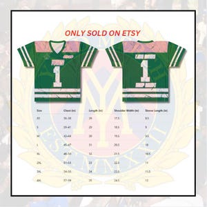 May include: Green jersey with white stripes and the number 1. The jersey has a V-neck and a pink and white design on the shoulders. The text "ONLY SOLD ON ETSY" is at the top. Size chart included.