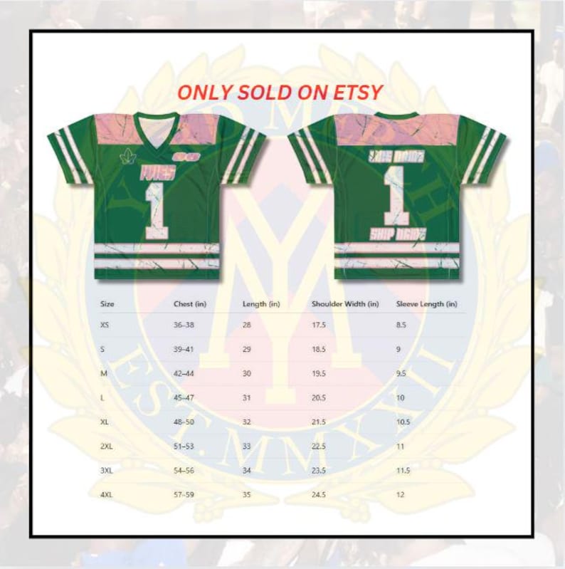 May include: Green jersey with white stripes and the number 1. The jersey has a V-neck and a pink and white design on the shoulders. The text "ONLY SOLD ON ETSY" is at the top. Size chart included.