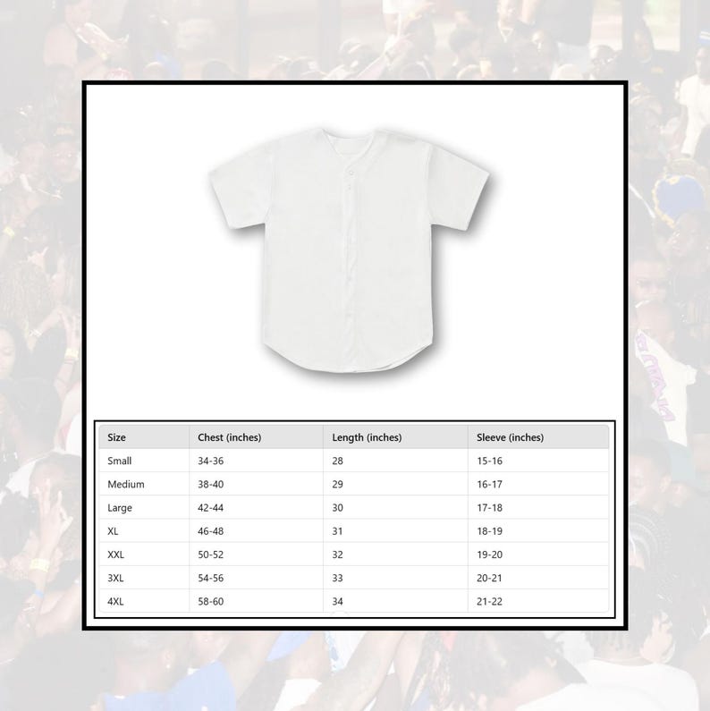 Puede incluir: Una camiseta de b&eacute;isbol blanca con cierre de botones. Una tabla de tallas muestra las medidas de pecho, largo y manga en pulgadas para las tallas S a 4XL.