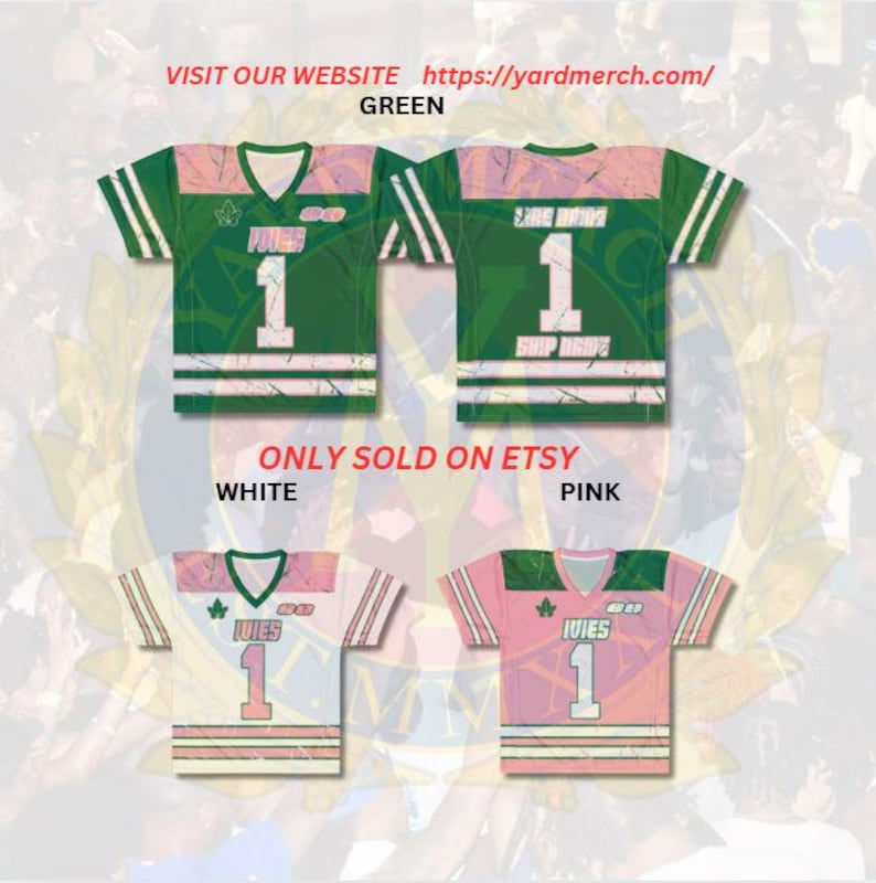 May include: Green, white, and pink jerseys with the text "IVIES" and the number "1". The jerseys have a V-neck design and striped sleeves. The image also includes the text "VISIT OUR WEBSITE https://yardmerch.com/" and "ONLY SOLD ON ETSY".