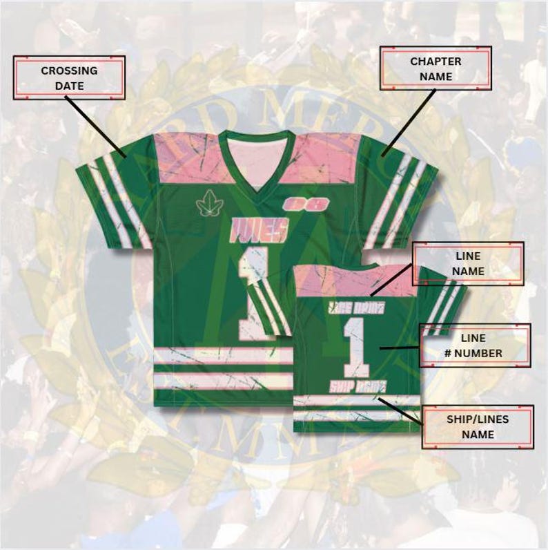 May include: Green and pink jersey with white stripes on the sleeves. The jersey features the word "PUIES" and the number "1" on the front. The back of the jersey also has the number "1" and the words "LINE NAME" and "SHIP AGIVA".