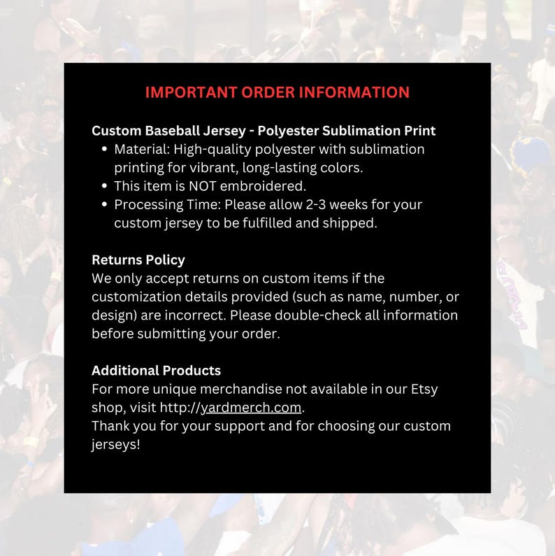 Puede incluir: Informaci&oacute;n importante sobre el pedido de camisetas de b&eacute;isbol personalizadas impresas por sublimaci&oacute;n en poli&eacute;ster. El texto destaca la alta calidad del material, los colores vibrantes y el tiempo de procesamiento. Tambi&eacute;n incluye informaci&oacute;n sobre devoluciones y productos adicionales.