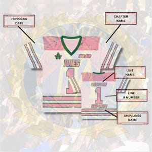 May include: White and pink jersey with green trim. The jersey displays the word "WIES" and the number "1". The words "LINE NAME" and "SHIP NAME" are also visible on the jersey.