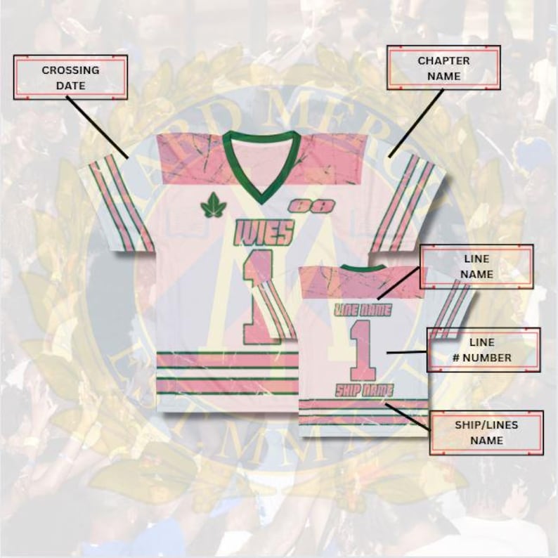 May include: White and pink jersey with green trim. The jersey displays the word "WIES" and the number "1". The words "LINE NAME" and "SHIP NAME" are also visible on the jersey.