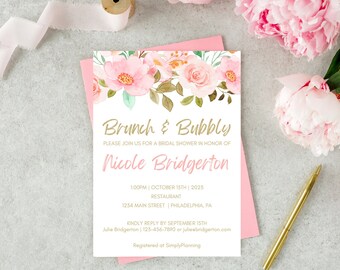 Brunch and Bubbly Bridal Shower Invitation, Printable Bridal Shower Invite, Bridal Brunch, Editable Template, Floral Wedding Shower, SPFW