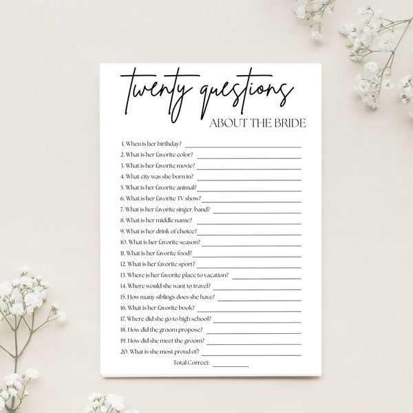 20 Questions About the Bride, Who knows the bride best, Newlyweds game, Bridal Shower, Instant Download, Editable, Minimalist