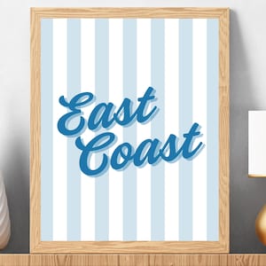 East Coast Blue Striped Wall Art, Preppy Coastal Print, Nautical Beach Decor, Digital Download, Coastal Dorm Room Printable