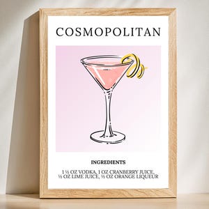 Cosmopolitan, Cosmo, Póster de cóctel, Decoración de carrito de bar, Letrero de bebida de autor, Arte mural de bar, Decoración del hogar, Impresión artística, Recatado