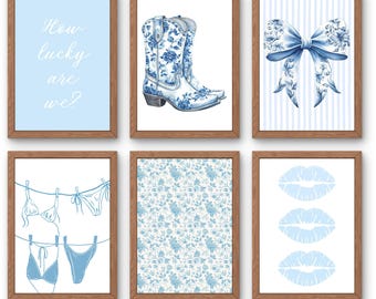 Blue Coastal Cowgirl Wall Art Set of 6 – Trendy Coquette Western Dorm Prints for Girls Room, Digital Download Gallery Set