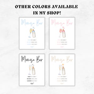 May include: Four printable signs for a mimosa bar, each with a different color scheme. The signs feature a bottle and glass of champagne with the text "Mimosa Bar" and instructions to "Pour the bubbly, splash some juice, garnish with fruit, enjoy!"