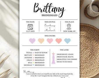 Bridesmaid Info Card, Maid of Honor Card, Bridesmaid Information Card, Bridesmaid Proposal, Editable Template, Will you be my Bridesmaid