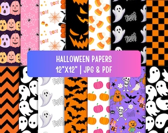 Lindos papeles digitales de Halloween, patrón sin costuras de calabaza fantasma espeluznante, descarga instantánea, fondo rosa, patrones de Halloween, papel para álbumes de recortes