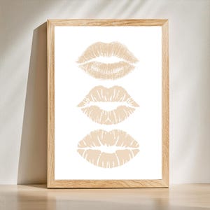 Beige Wall Art Lips Kiss Art Print Trendy Neutral Aesthetic Girly Home Decor Minimal Wall Decor Cute Modern Digital Poster Dorm Bedroom