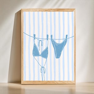 Bikini Print Blue Beachy Wall Art, Coastal Aesthetic Poster, Summer Digital Print, Bikini on Clothesline Trendy Wall Art, Preppy Printable