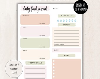 Daily Food Journal, Weekly Meal Planner, Meal Planner Printable, Calorie Tracker, PDF Printable Journal, Daily Planner, Diet Fitness Health