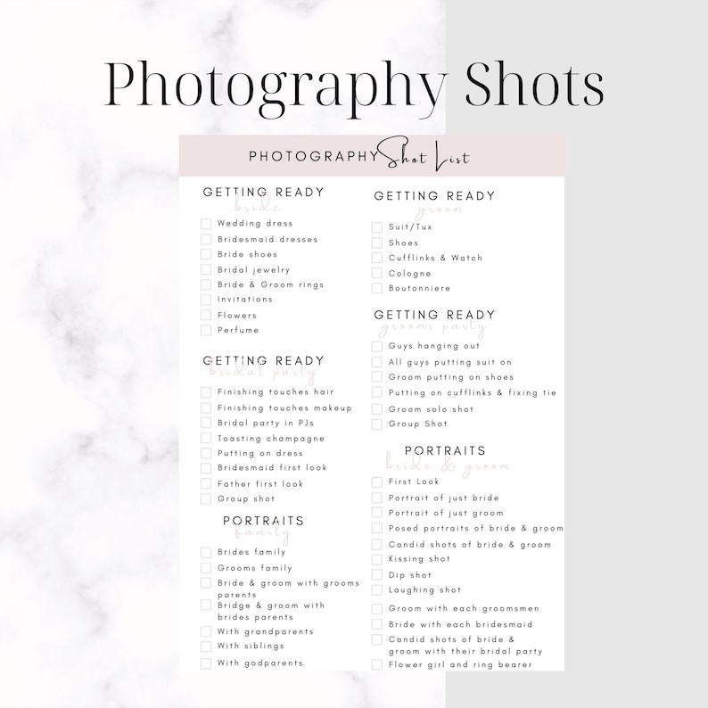 Wedding Checklist Photography Shot List Wedding Planning Etsy