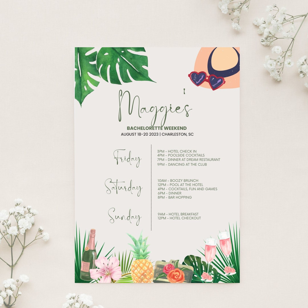 Bachelorette Party Itinerary Template, Bachelorette Weekend, Wedding ...
