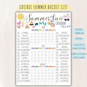 Bearbeitbarer Sommerkalender Sommer Spaß Bucket List Familienplaner Checkliste Printable Sofortiger Download 2026 Sommerpause Kinderaktivitäten