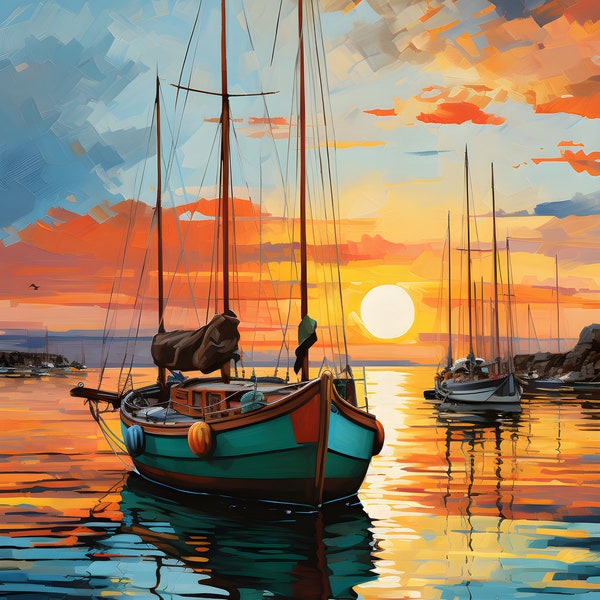 Segelboot mit Sonnenuntergang Aquarell Bleistift und Tinte Digitale Wandkunst
