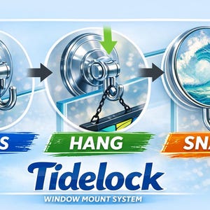 Könnte beinhalten: Eine Schritt-für-Schritt-Illustration eines Fensterbefestigungssystems. Der Prozess umfasst das Drücken des Saugnapfes, das Aufhängen eines Objekts und das Einrasten des Hakens. Der letzte Schritt zeigt ein Wellenbild im Haken. Der Markenname "Tidelock" ist abgebildet.