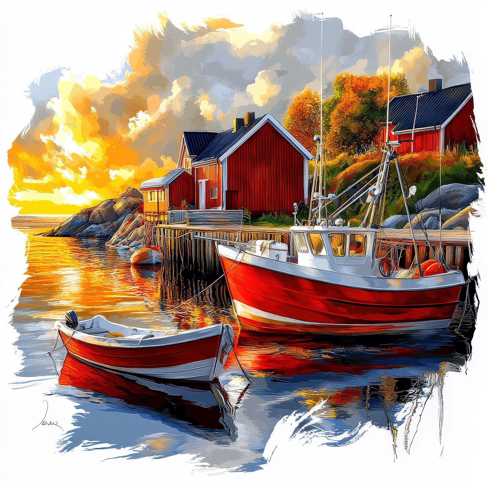 Charming Red Fishing Village Print Coastal Art White Background Etsy